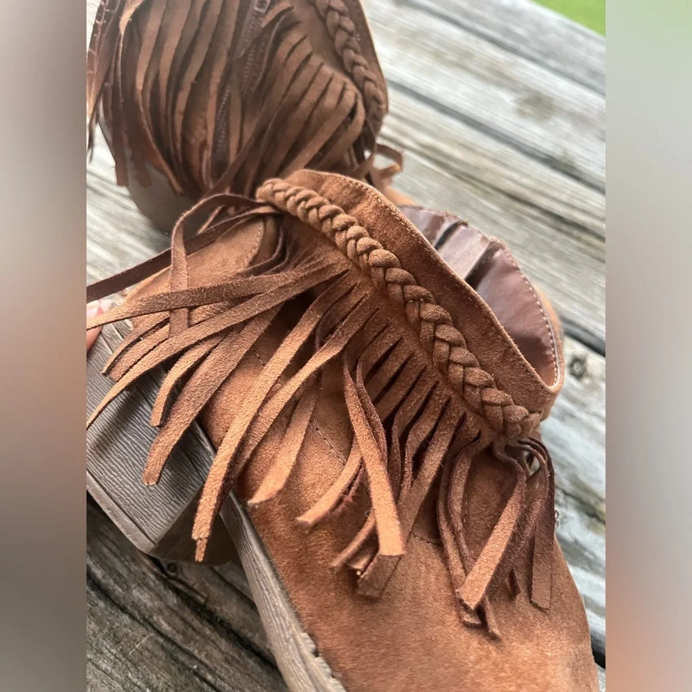 Girls’ Brown Suede Fringe Ankle Boots Tan Cowgirl Size5